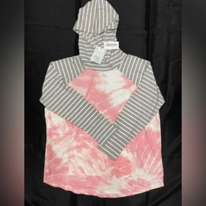 Lularoe Amber Pink tie dye body with gray and white striped sleeves.
